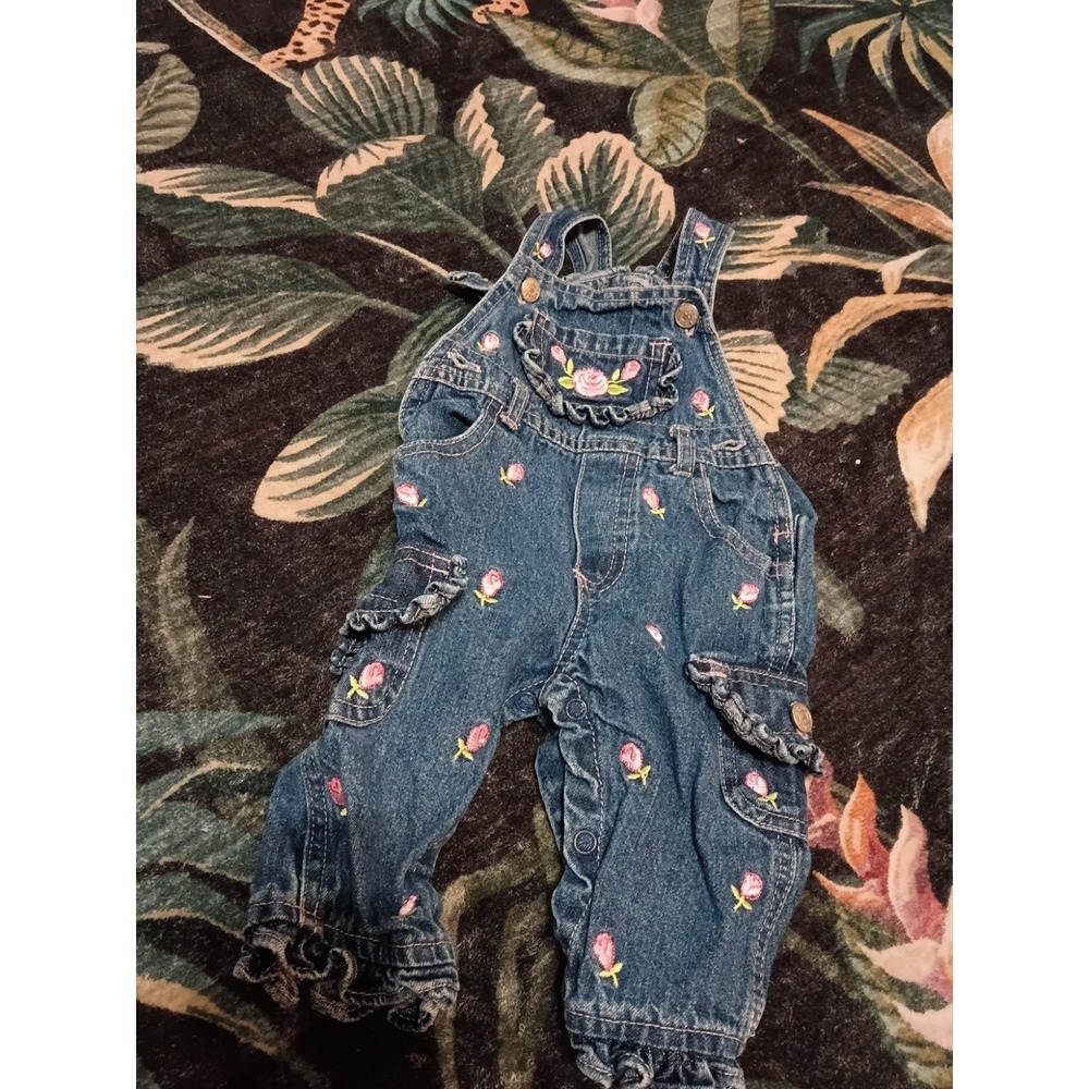 Vintage Baby Girl Denim Overalls 3-6M Pink Rose Embroidered Ruffle